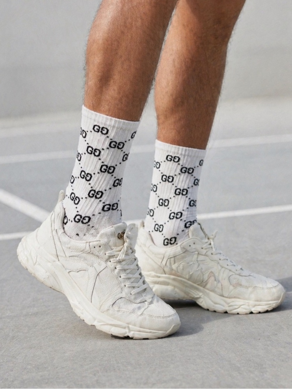 Gucci White Crew Socks with Black GG Monogram